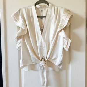 Max studio tie front waist flutter sleeve satin blouse NWT ivory medium